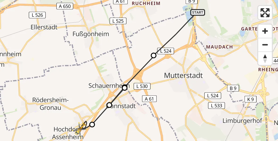 Flugroute Rettungshubschrauber Ludwigshafen am Rhein - Hochdorf-Assenheim, 07 Februar 2026, 14:56