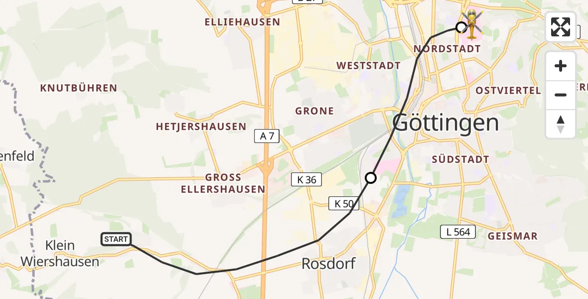 Flugroute Rettungshubschrauber Rosdorf - Göttingen University Clinic Heliport, 07 Februar 2026, 14:56