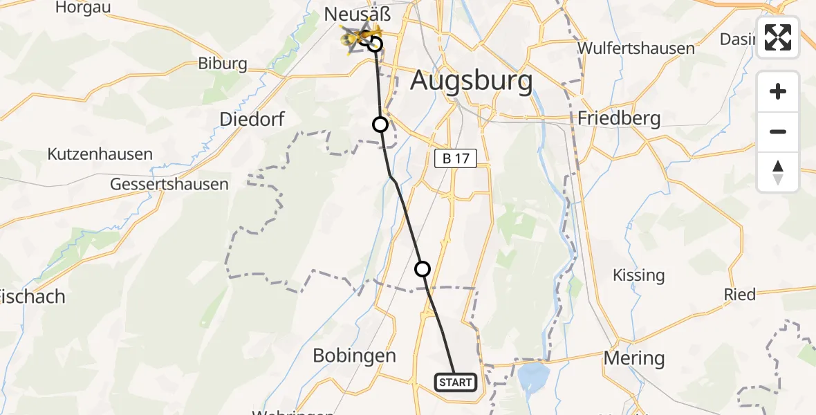 Flugroute Rettungshubschrauber Königsbrunn - Augsburg University Hospital Heliport, 07 Februar 2026, 14:58