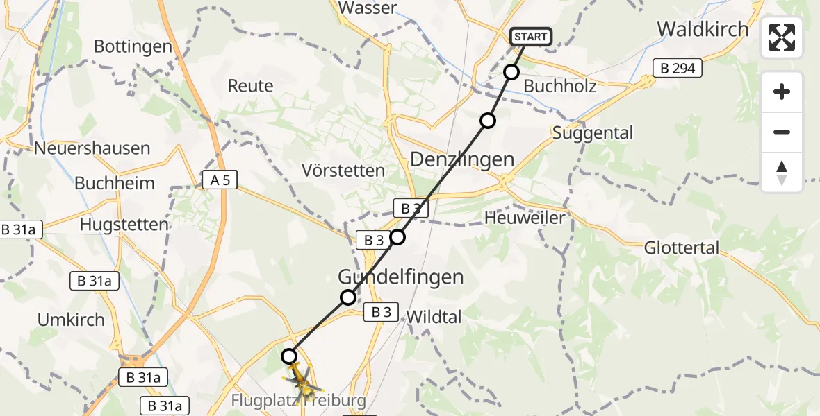 Flugroute Rettungshubschrauber Sexau - Freiburg im Breisgau Airfield, 07 Februar 2026, 15:00