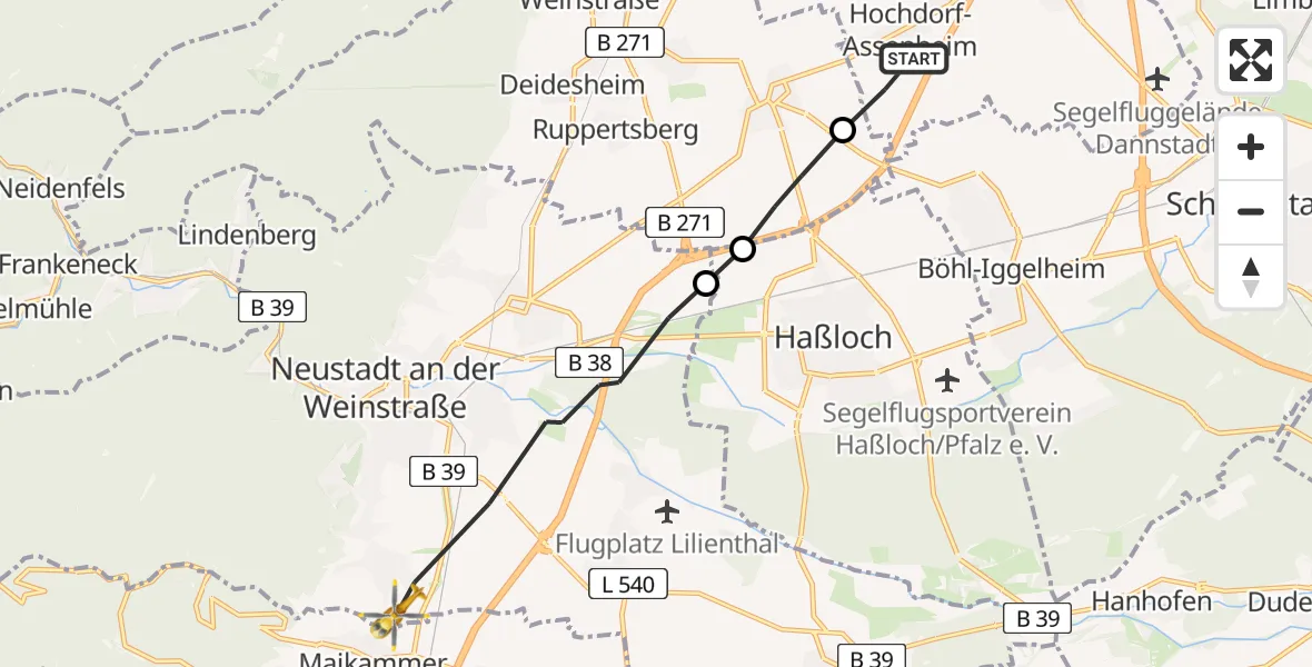 Flugroute Rettungshubschrauber Hochdorf-Assenheim - Neustadt an der Weinstraße, 07 Februar 2026, 15:24