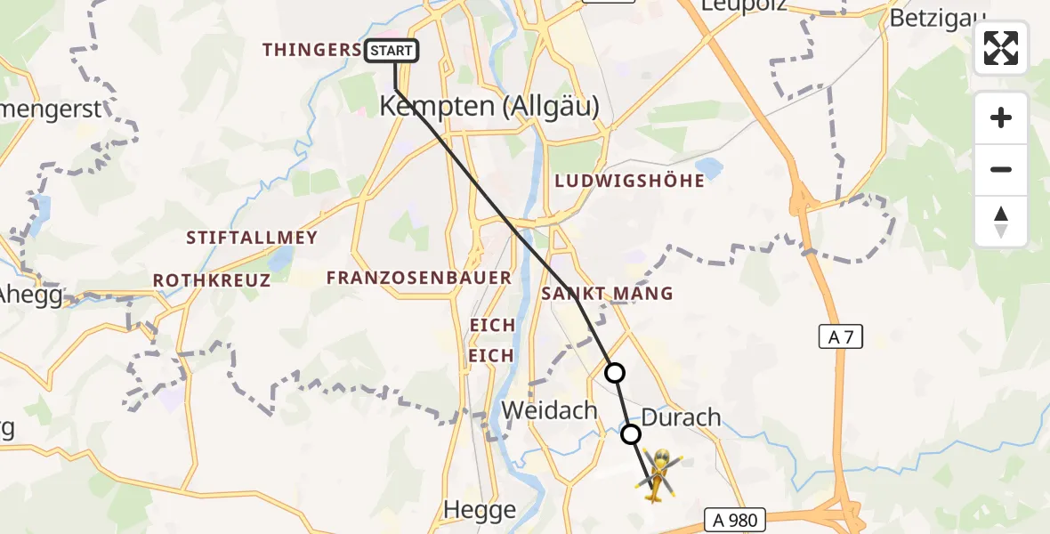 Flugroute Rettungshubschrauber Kempten (Allgäu) - Kempten-Durach Airfield, 07 Februar 2026, 15:29