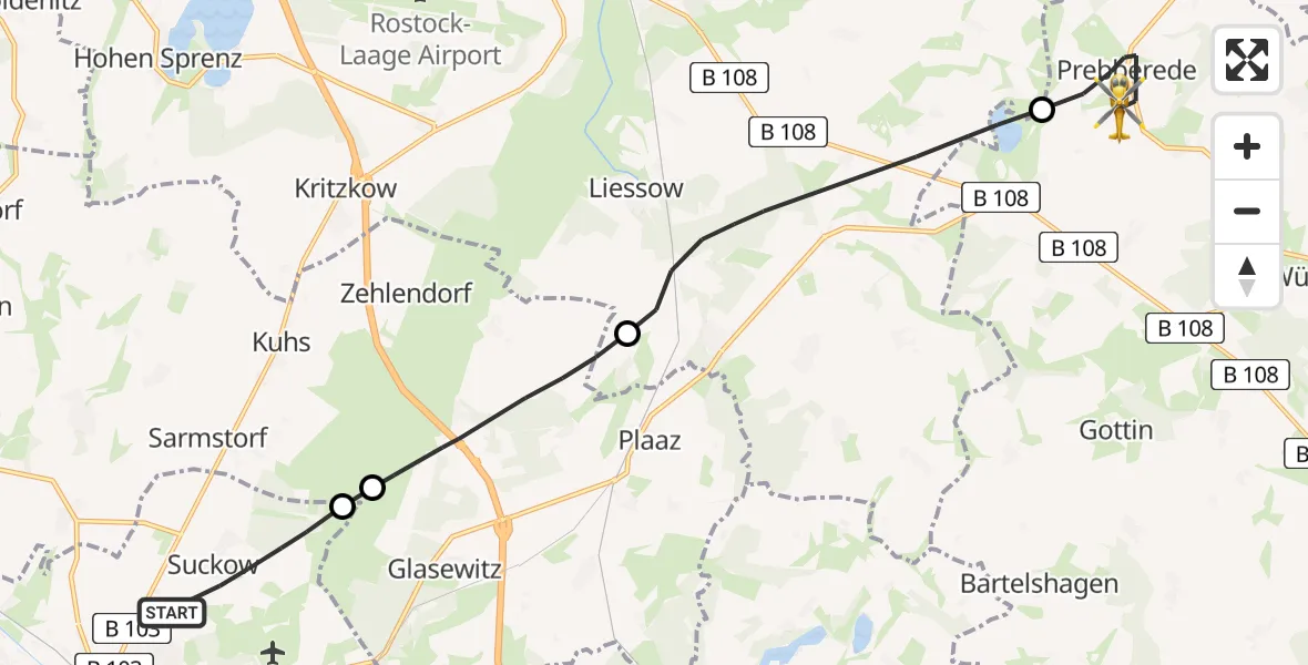 Flugroute Rettungshubschrauber Suckow - Prebberede, 07 Februar 2026, 15:40
