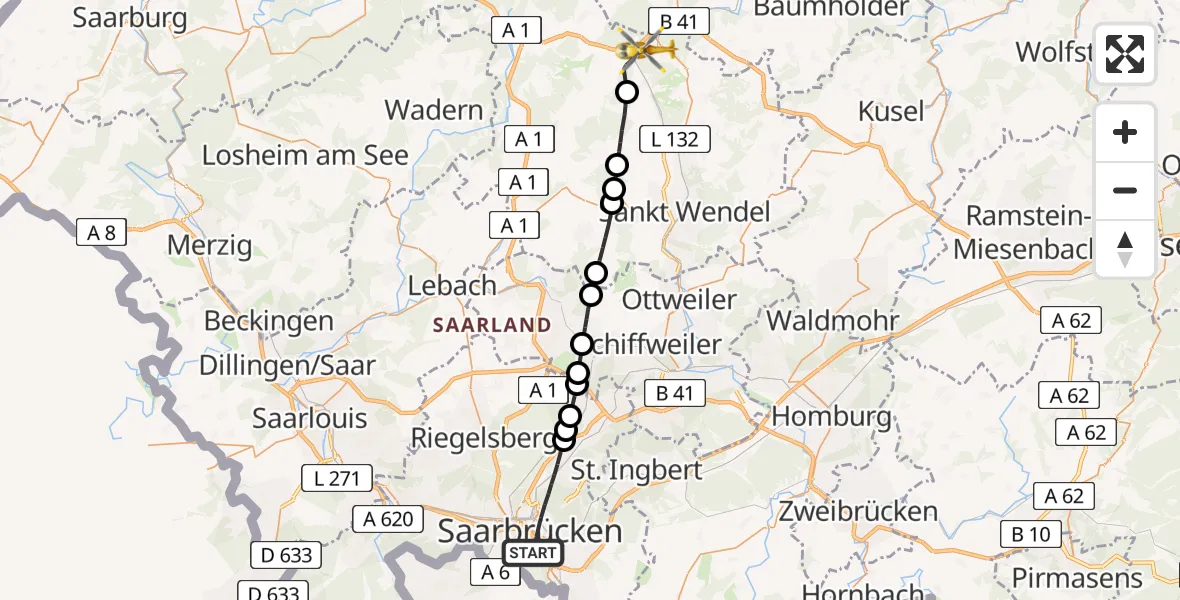 Flugroute Rettungshubschrauber Saarbrücken - Nohfelden, 07 Februar 2026, 15:57
