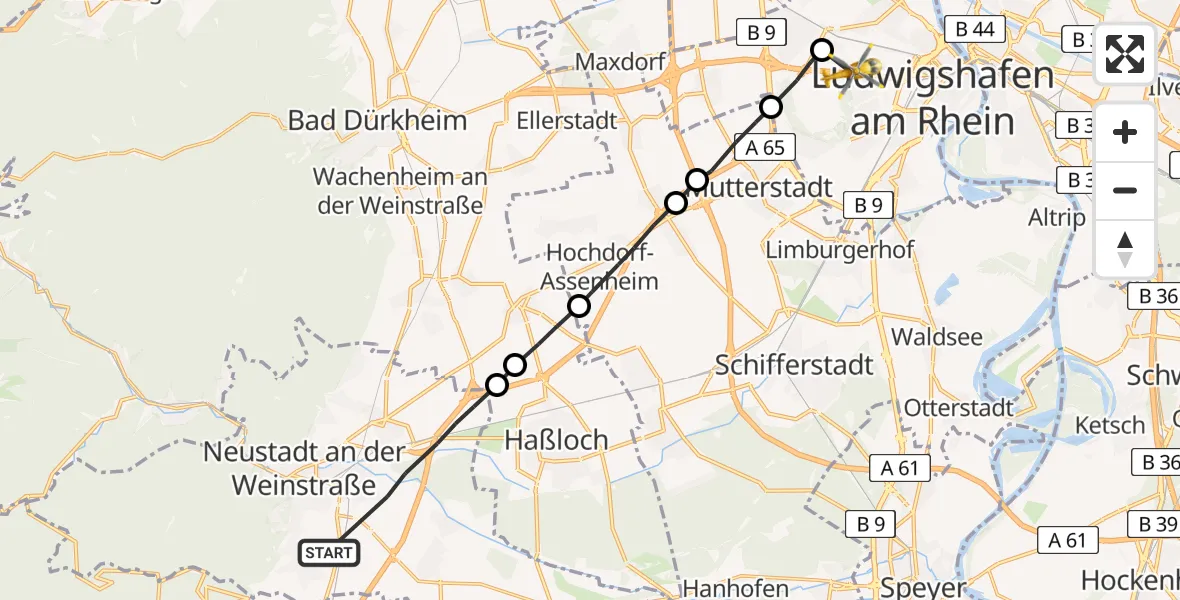Flugroute Rettungshubschrauber Neustadt an der Weinstraße - Ludwigshafen am Rhein, 07 Februar 2026, 16:07