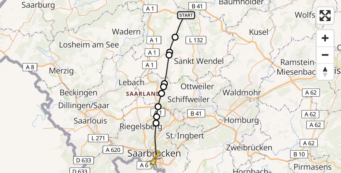 Flugroute Rettungshubschrauber Nohfelden - Saarbrücken, 07 Februar 2026, 16:32