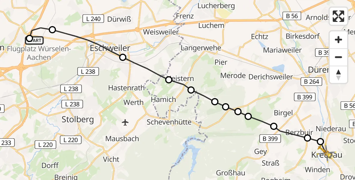 Flugroute Rettungshubschrauber Aachen-Merzbrück Airport - Winden, 07 Februar 2026, 16:34