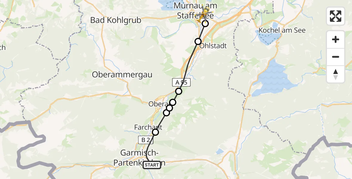 Flugroute Rettungshubschrauber Garmisch-Partenkirchen - Murnau Accident Hospital Heliport, 07 Februar 2026, 16:44