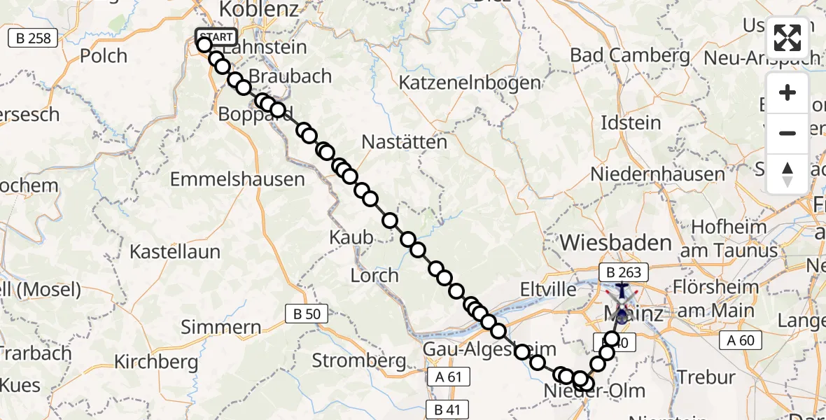 Flugroute Polizeihubschrauber Winningen - Mainz, 07 Februar 2026, 17:45