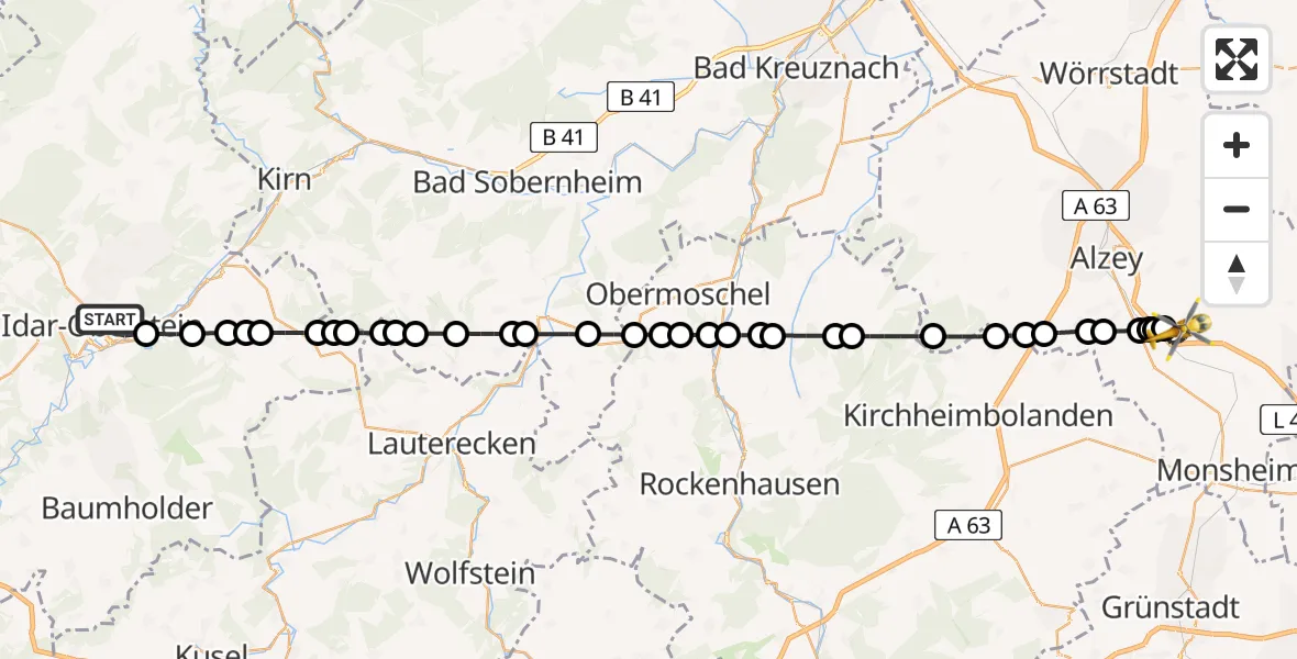 Flugroute Rettungshubschrauber Idar-Oberstein - Eppelsheim, 07 Februar 2026, 17:52
