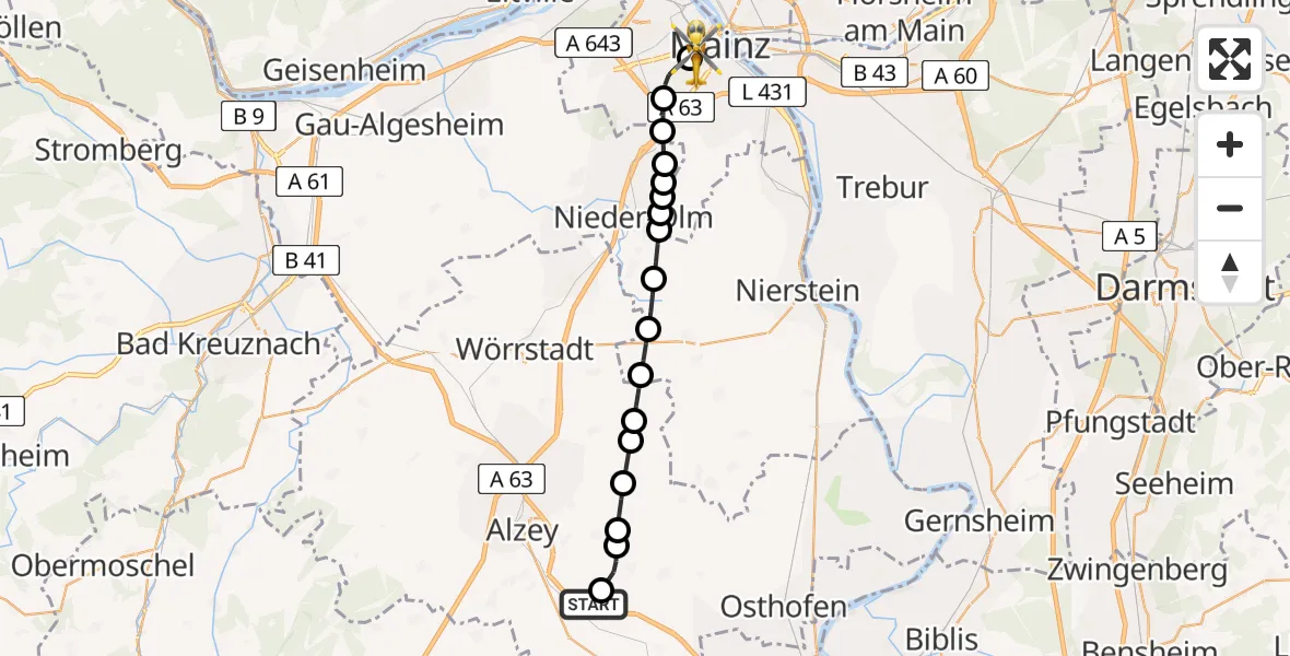 Routekaart van de vlucht: Rettungshubschrauber nach Mainz University Hospital Heliport