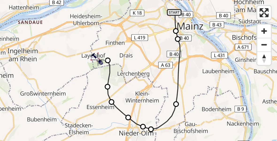 Flugroute Polizeihubschrauber Mainz - Mainz-Finthen Airfield, 07 Februar 2026, 18:50