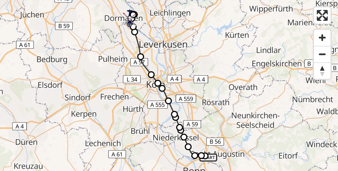Flugroute Polizeihubschrauber Sankt Augustin - Rheinfeld, 07 Februar 2026, 22:38