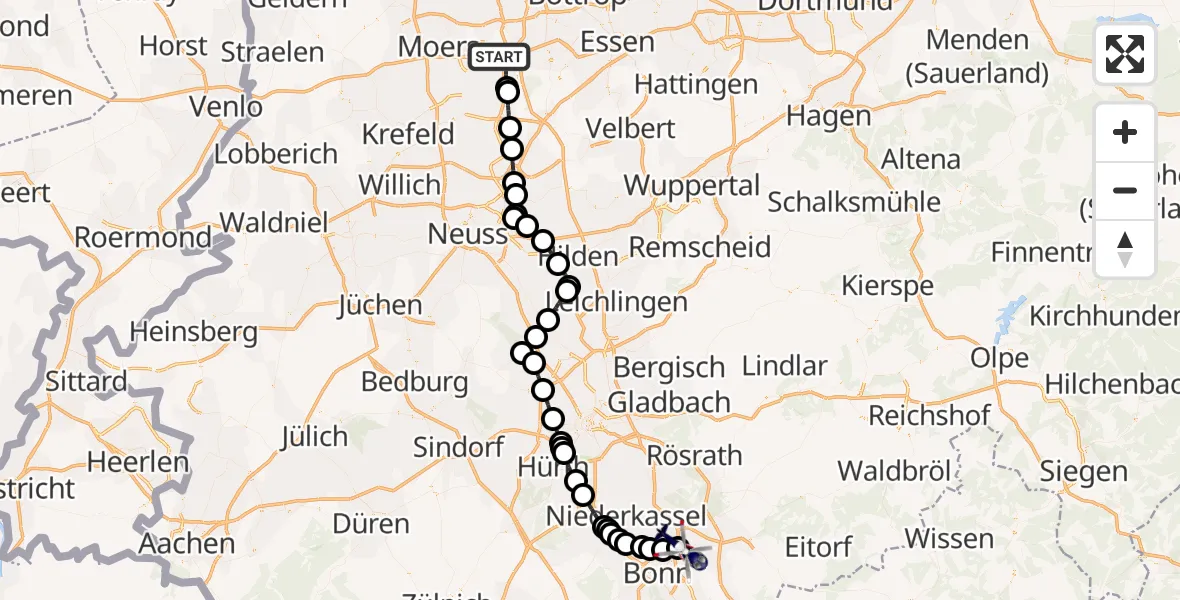 Flugroute Polizeihubschrauber Duisburg-Mitte - Sankt Augustin, 07 Februar 2026, 23:30