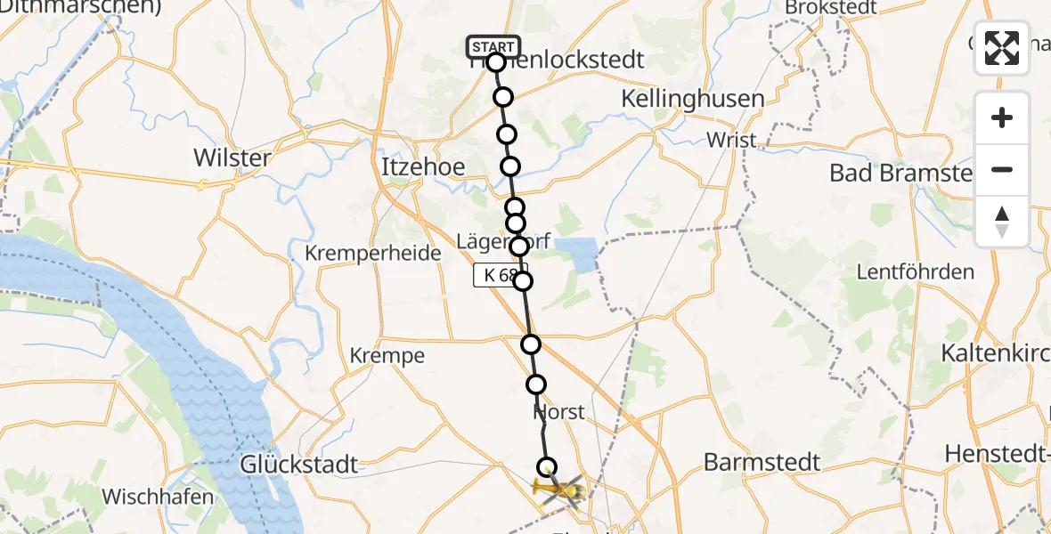 Flugroute Rettungshubschrauber Hohenlockstedt - Kiebitzreihe, 08 Februar 2026, 07:09