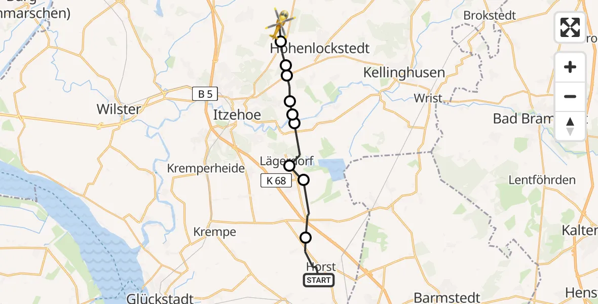 Flugroute Rettungshubschrauber Horst - Hohenlockstedt, 08 Februar 2026, 07:53