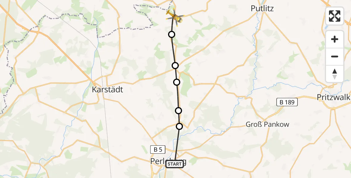 Flugroute Rettungshubschrauber Perleberg - Berge, 08 Februar 2026, 08:14