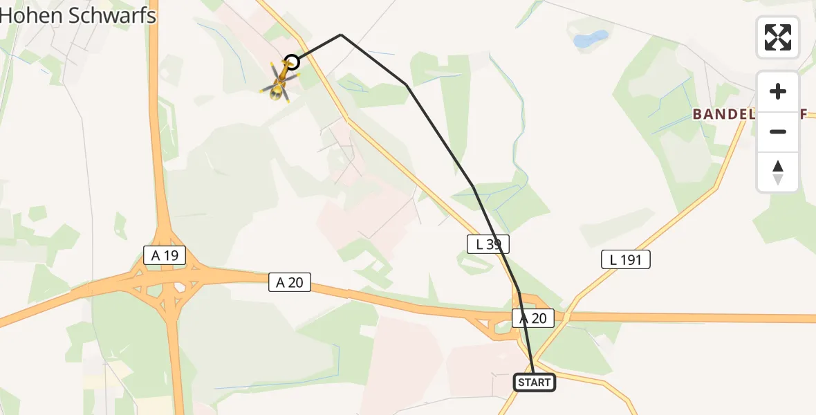 Flugroute Ambulanzhubschrauber Dummerstorf - Hohen Schwarfs, 08 Februar 2026, 08:24