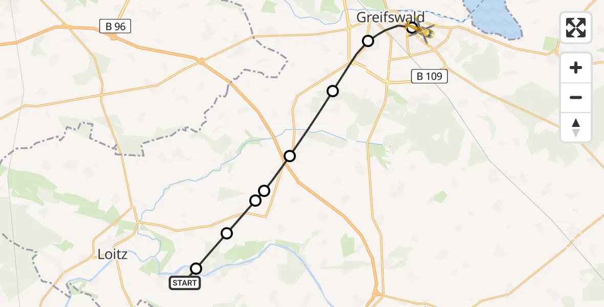 Routekaart van de vlucht: Rettungshubschrauber nach Greifswald Hospital Heliport