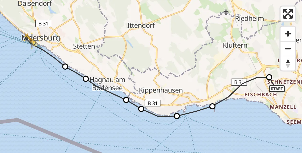 Flugroute Rettungshubschrauber Friedrichshafen Hospital Heliport - Meersburg, 08 Februar 2026, 08:57