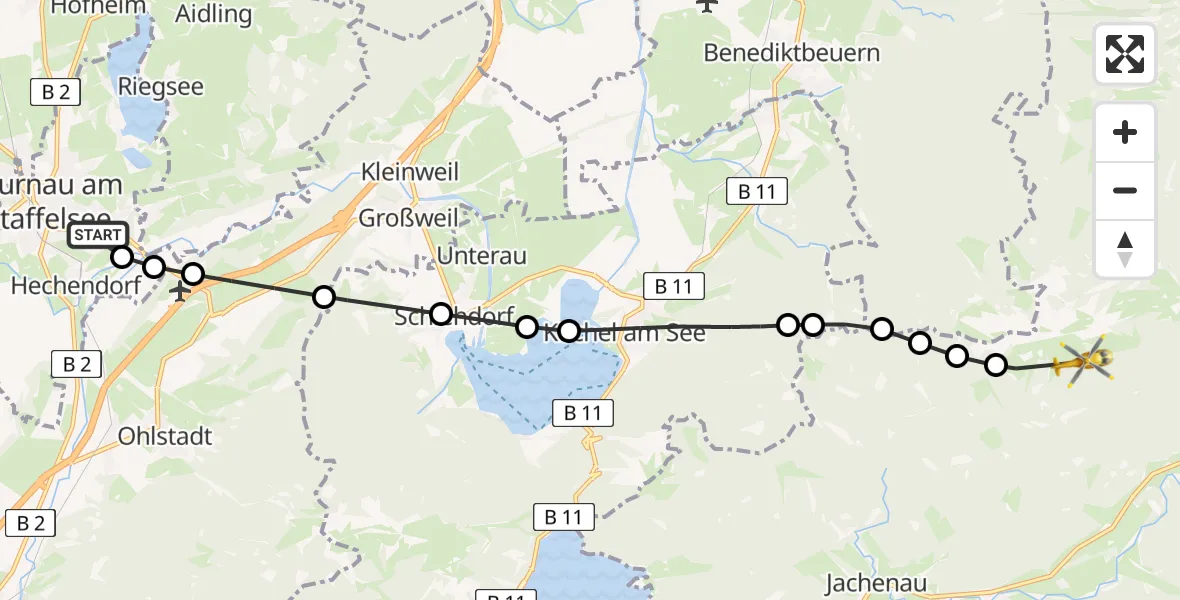 Flugroute Rettungshubschrauber Murnau Accident Hospital Heliport - Lenggries, 08 Februar 2026, 09:35
