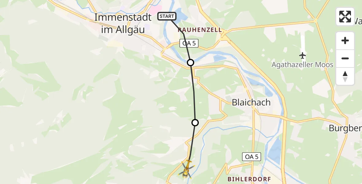 Flugroute Rettungshubschrauber Immenstadt im Allgäu - Gunzesried, 08 Februar 2026, 10:05
