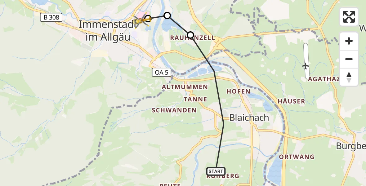 Flugroute Rettungshubschrauber Blaichach - Immenstadt im Allgäu, 08 Februar 2026, 10:29