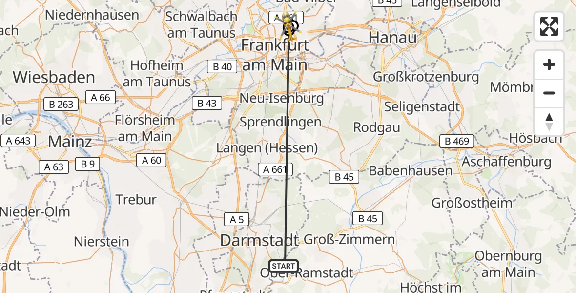 Flugroute Rettungshubschrauber Traisa - Frankfurt am Main Accident Hospital Roof Helipad (CHX2), 08 Februar 2026, 10:45