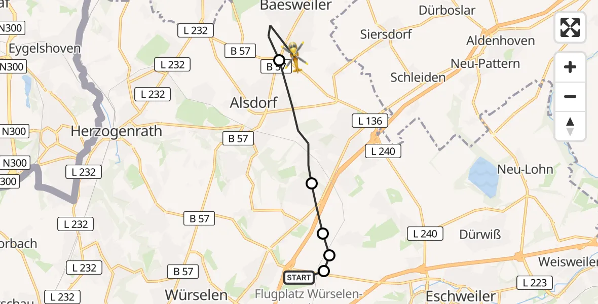 Flugroute Rettungshubschrauber Aachen-Merzbrück Airport - Baesweiler, 08 Februar 2026, 10:46