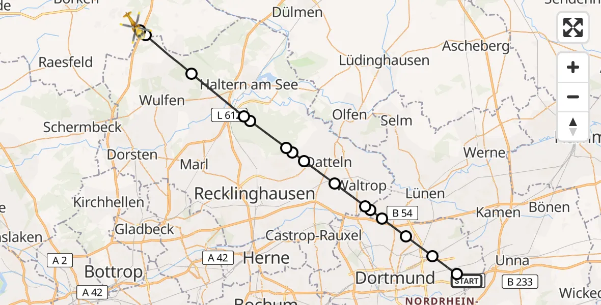Flugroute Ambulanzhubschrauber Dortmund Airport - Heiden, 08 Februar 2026, 10:49