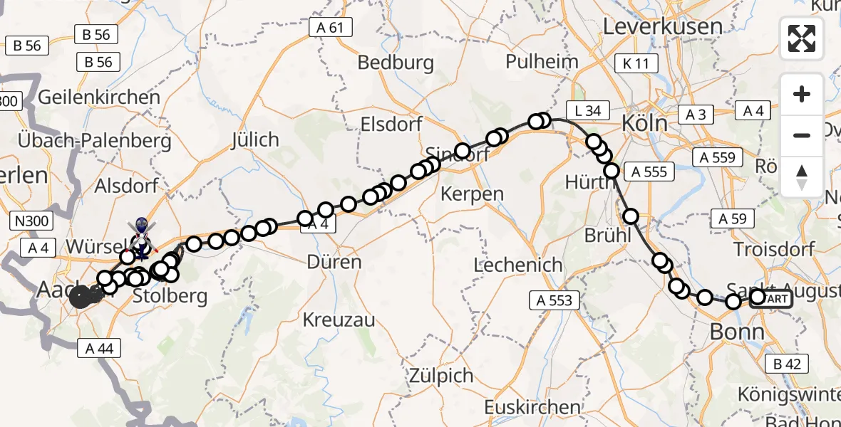 Flugroute Polizeihubschrauber Sankt Augustin - Aachen-Merzbrück Airport, 08 Februar 2026, 11:27