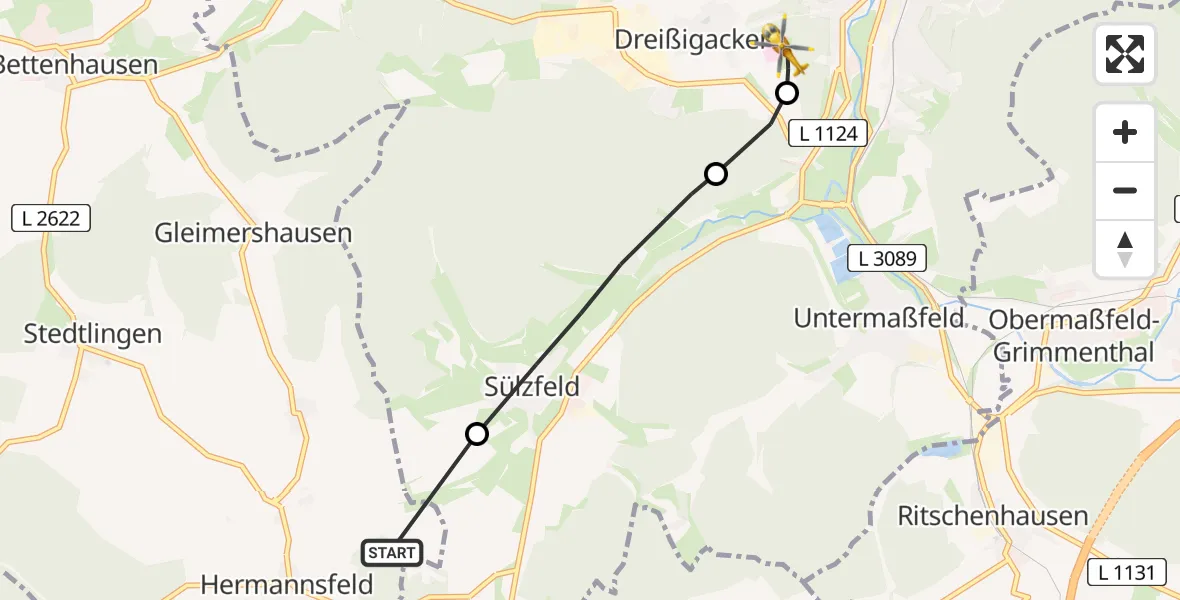 Flugroute Rettungshubschrauber Hermannsfeld - Helios Clinic Meiningen Heliport, 08 Februar 2026, 11:32