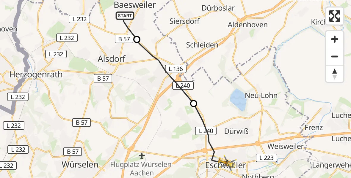 Flugroute Rettungshubschrauber Baesweiler - Eschweiler, 08 Februar 2026, 11:33