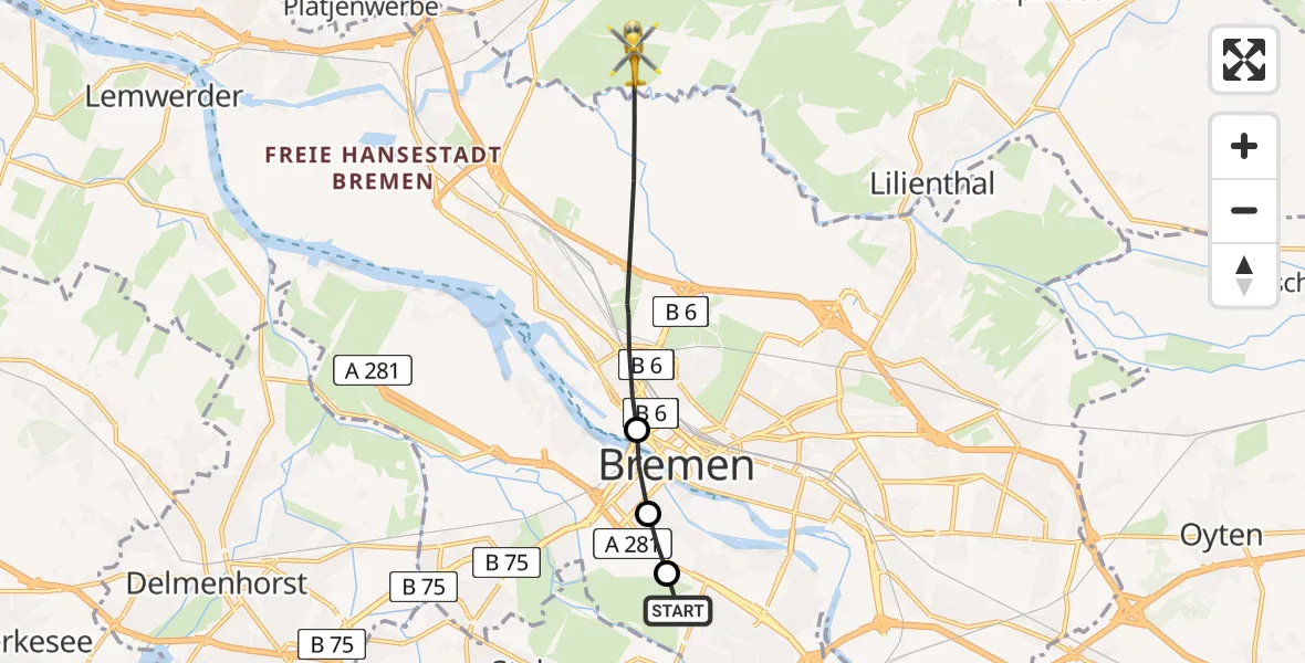 Flugroute Rettungshubschrauber Bremen-Süd - Lilienthal, 08 Februar 2026, 11:53