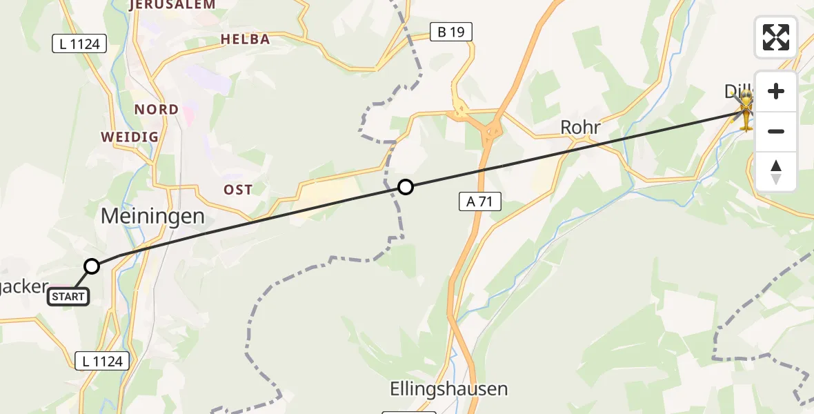 Flugroute Rettungshubschrauber Helios Clinic Meiningen Heliport - Dillstädt, 08 Februar 2026, 11:55