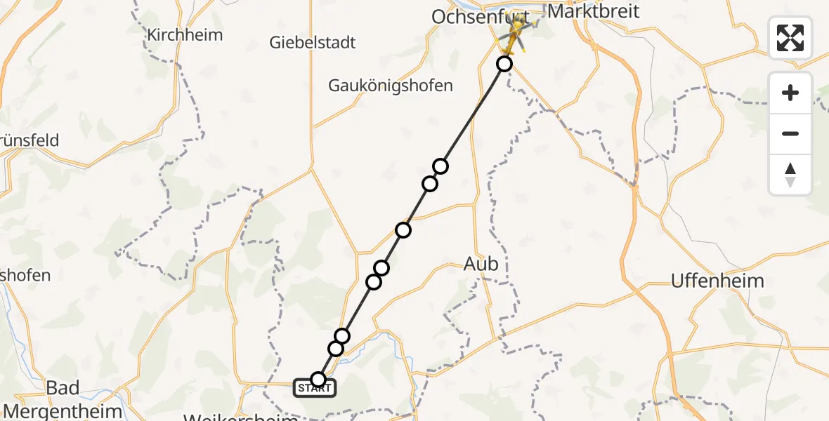 Flugroute Rettungshubschrauber Tauberrettersheim - Ochsenfurt Hospital Heliport, 08 Februar 2026, 12:08