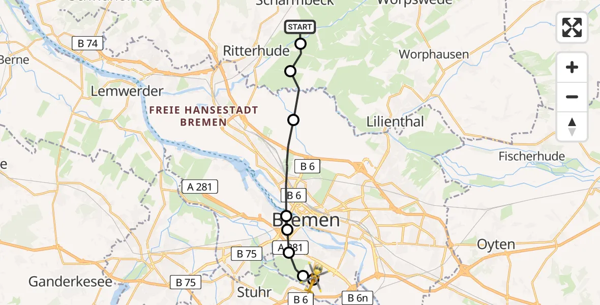 Flugroute Rettungshubschrauber Osterholz - ADAC Air Rescue Station Bremen Heliport (Christoph 6), 08 Februar 2026, 12:37
