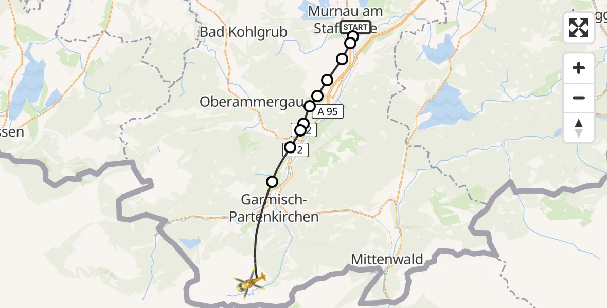 Flugroute Rettungshubschrauber Murnau Accident Hospital Heliport - Garmisch-Partenkirchen, 08 Februar 2026, 12:43