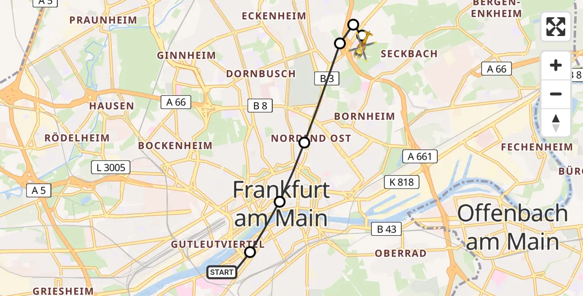 Flugroute Rettungshubschrauber Frankfurt University Hospital Heliport - Frankfurt am Main Accident Hospital Roof Helipad (CHX2), 08 Februar 2026, 13:00