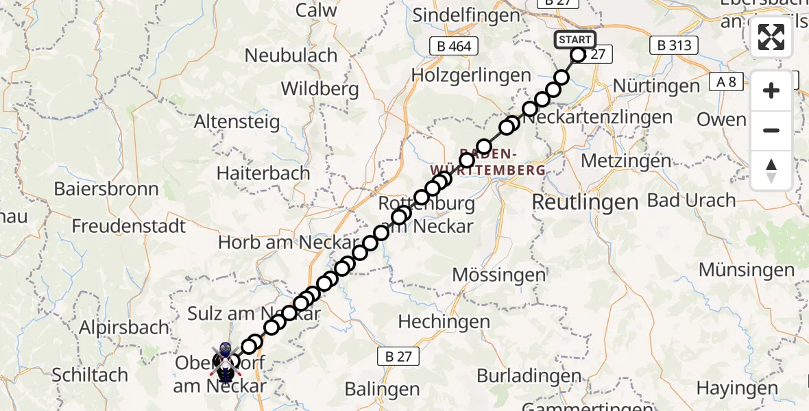 Flugroute Polizeihubschrauber Stuttgart Airport - Oberndorf am Neckar, 08 Februar 2026, 13:12