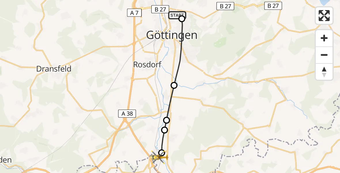 Flugroute Rettungshubschrauber Göttingen University Clinic Heliport - Friedland, 08 Februar 2026, 13:22