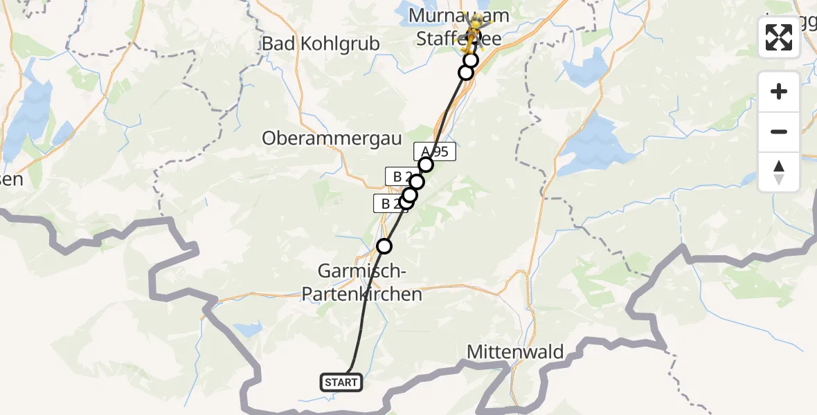 Routekaart van de vlucht: Rettungshubschrauber nach Murnau Accident Hospital Heliport