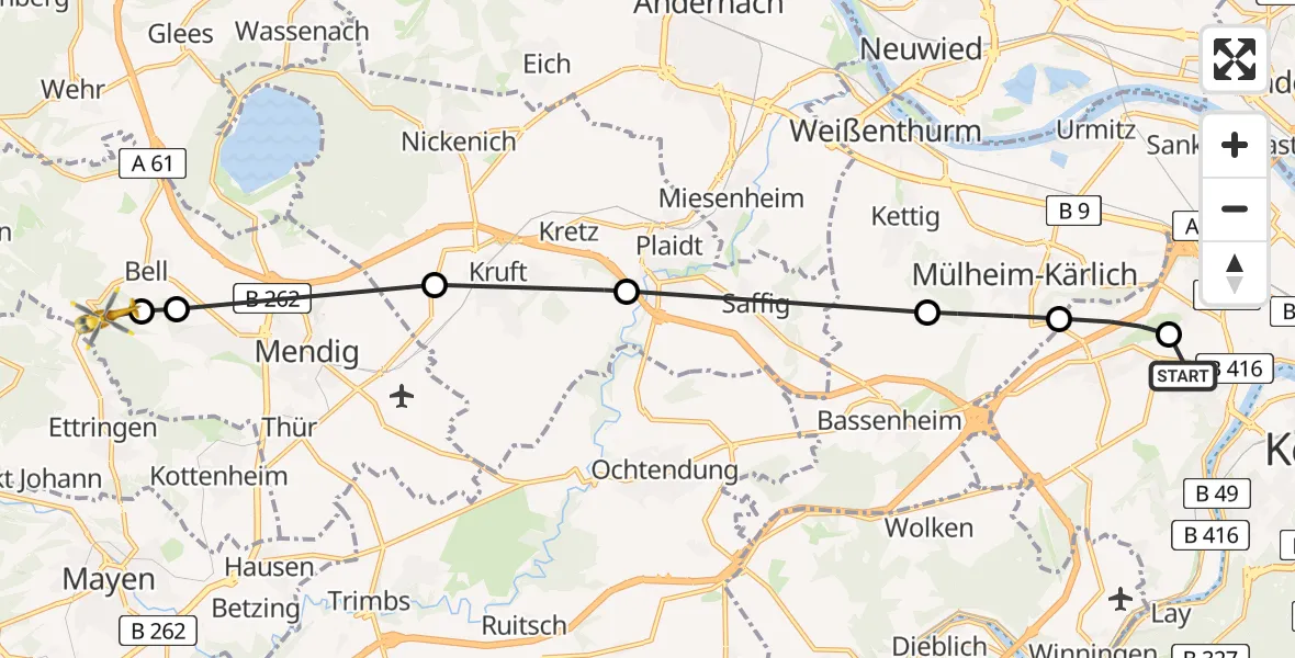 Flugroute Rettungshubschrauber Koblenz - Mendig, 08 Februar 2026, 13:34