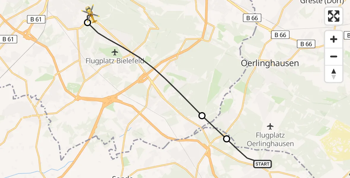 Flugroute Rettungshubschrauber Schloß Holte-Stukenbrock - Luftrettungszentrum Bielefeld, 08 Februar 2026, 13:38