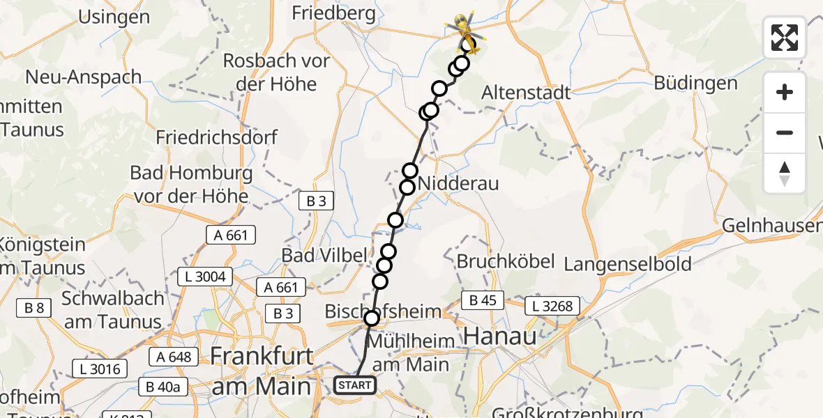 Flugroute Ambulanzhubschrauber Offenbach am Main - Nieder-/Ober-Florstadt, 08 Februar 2026, 13:40
