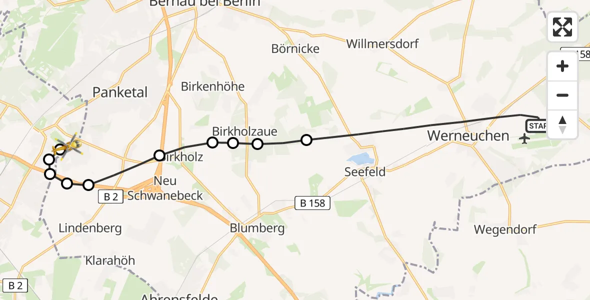 Flugroute Rettungshubschrauber Werneuchen - Helios Clinic Berlin-Buch Heliport, 08 Februar 2026, 13:47