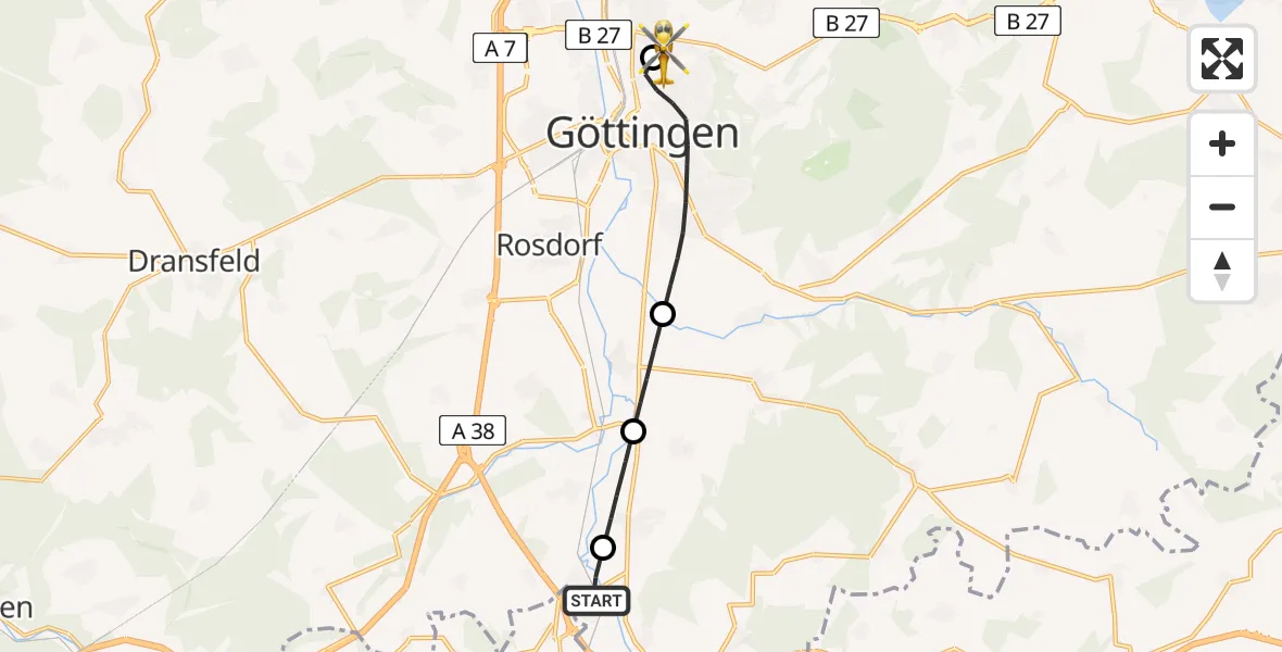 Flugroute Rettungshubschrauber Friedland - Göttingen University Clinic Heliport, 08 Februar 2026, 13:50