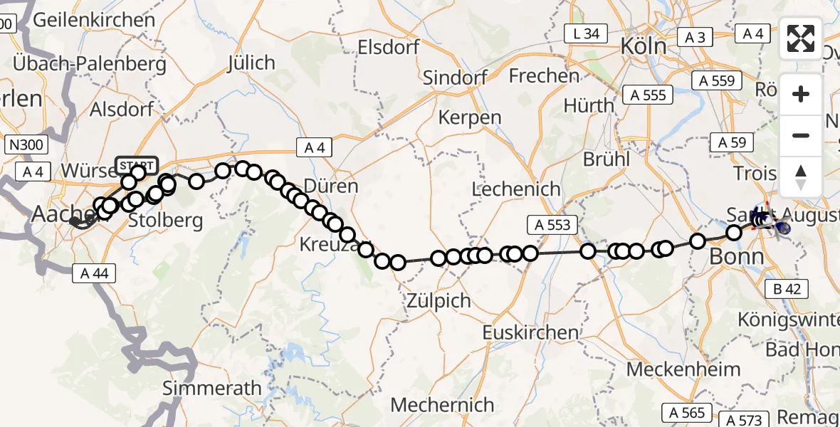 Flugroute Polizeihubschrauber Aachen-Merzbrück Airport - Sankt Augustin, 08 Februar 2026, 13:51
