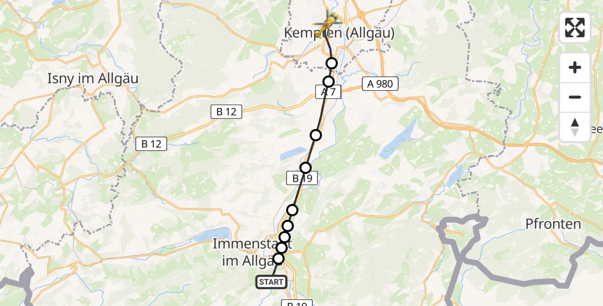 Routekaart van de vlucht: Rettungshubschrauber nach Kempten (Allgäu), Bischof-Freundorfer-Weg