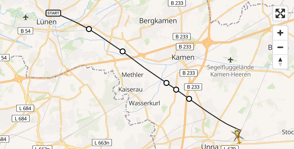 Flugroute Rettungshubschrauber Lünen - Unna, 08 Februar 2026, 13:55